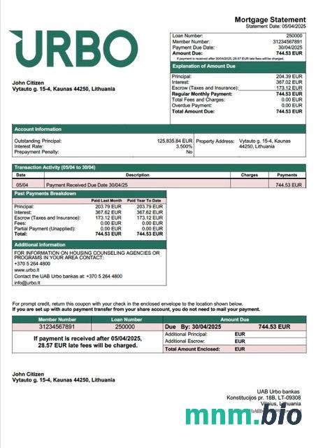 Litwa UAB Urbo bankas wyciąg z kredytu hipotecznego szablon Word i PDF